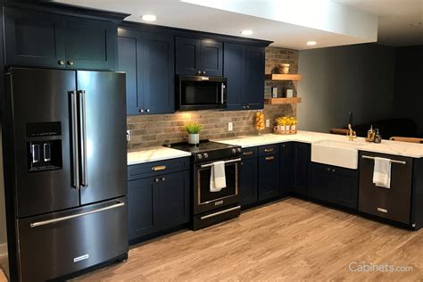 black stainless steel appliances with light blue cabinets|black stainless steel cabinet color schemes.